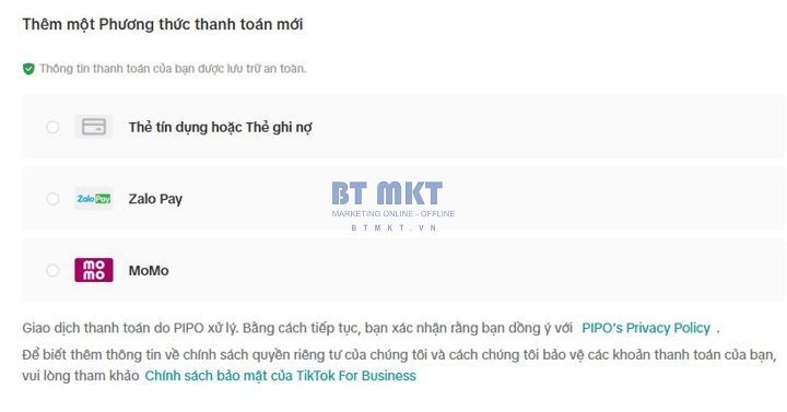 phương thức thanh toán - quảng cáo tiktok - BT marketing