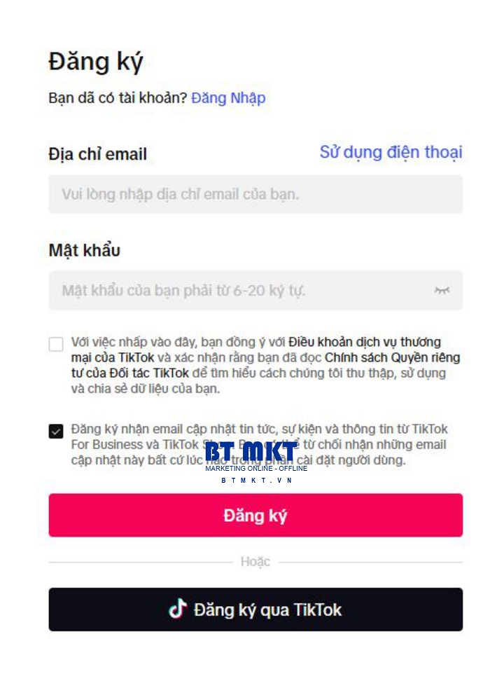 Tạo tài khoản quảng cáo tiktok - BT Marketing