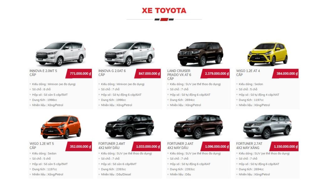 mẫu website bán xe ô tô toyota